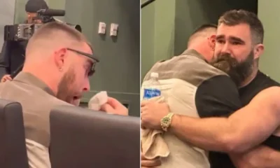 Travis Kelce was in tears as his brother Jason delivered his retirement speech in Philadelphia on Monday.