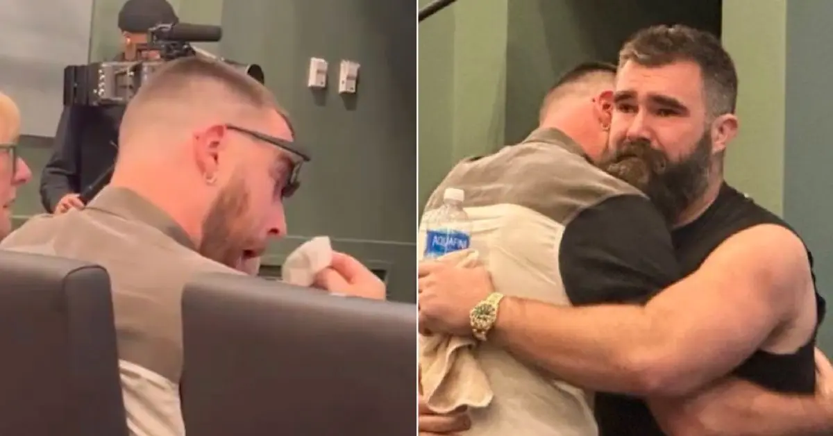 Travis Kelce was in tears as his brother Jason delivered his retirement speech in Philadelphia on Monday.
