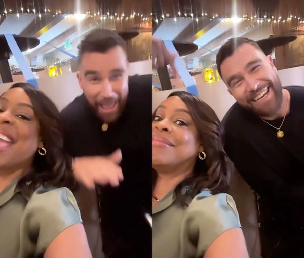 Watch Video of Travis Kelce Getting a dance lesson from Grotesquerie costar Niecy Nash on the set of their new show Grotesquerie, the Kansas City Chiefs star's major acting debut.