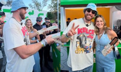 BREAKING NEW: Travis Kelce arrived at Kelce Jam for his own music festival wearing a blue bucket hat and logo shirt for the event