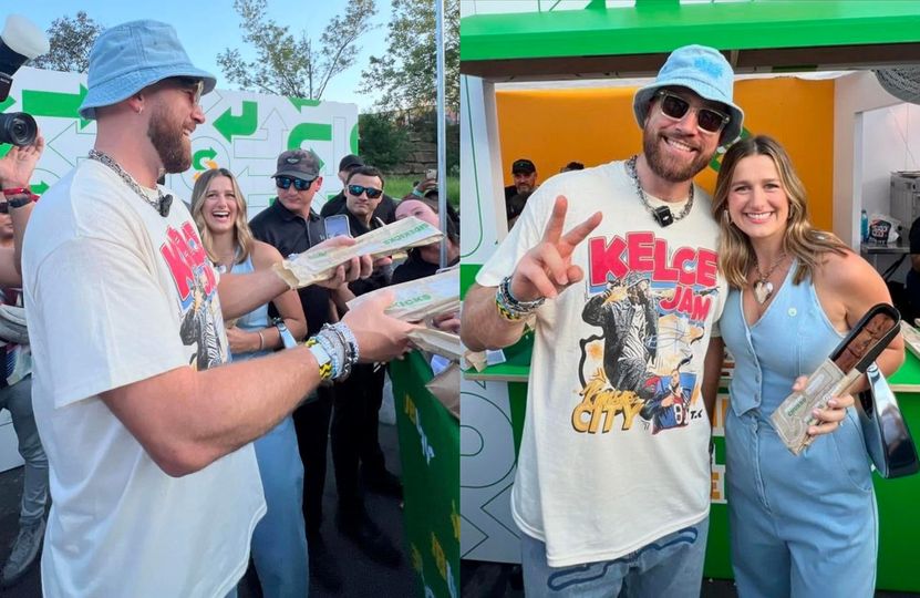 BREAKING NEW: Travis Kelce arrived at Kelce Jam for his own music festival wearing a blue bucket hat and logo shirt for the event